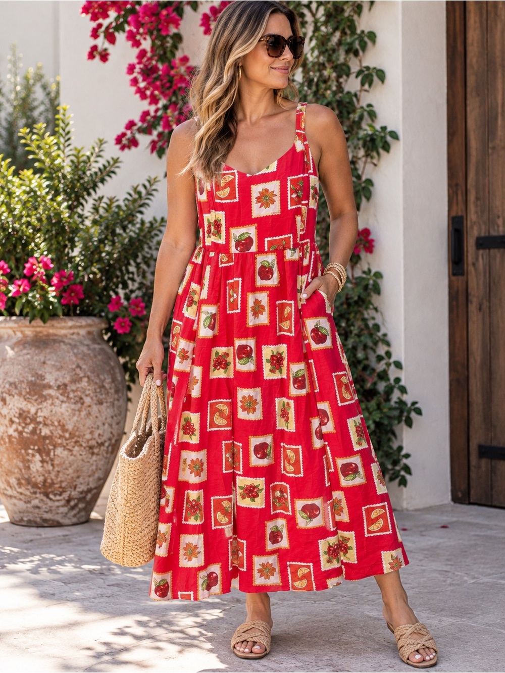 Skies Are Blue Red Printed Maxi Sundress with Spaghetti Straps